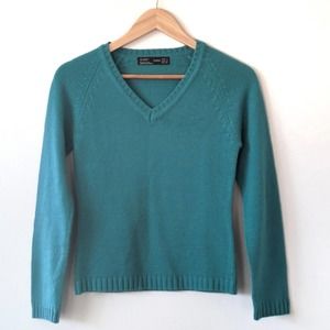 Zara V-Neck Wool Blend Fitted Sweater Teal Size Small